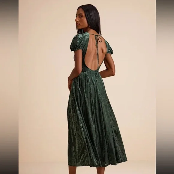❤️‍🔥BOGO FREE Lulu’s Arlie Emerald Green Velvet Puff Sleeve Midi Dress XL Velour - Picture 3 of 4